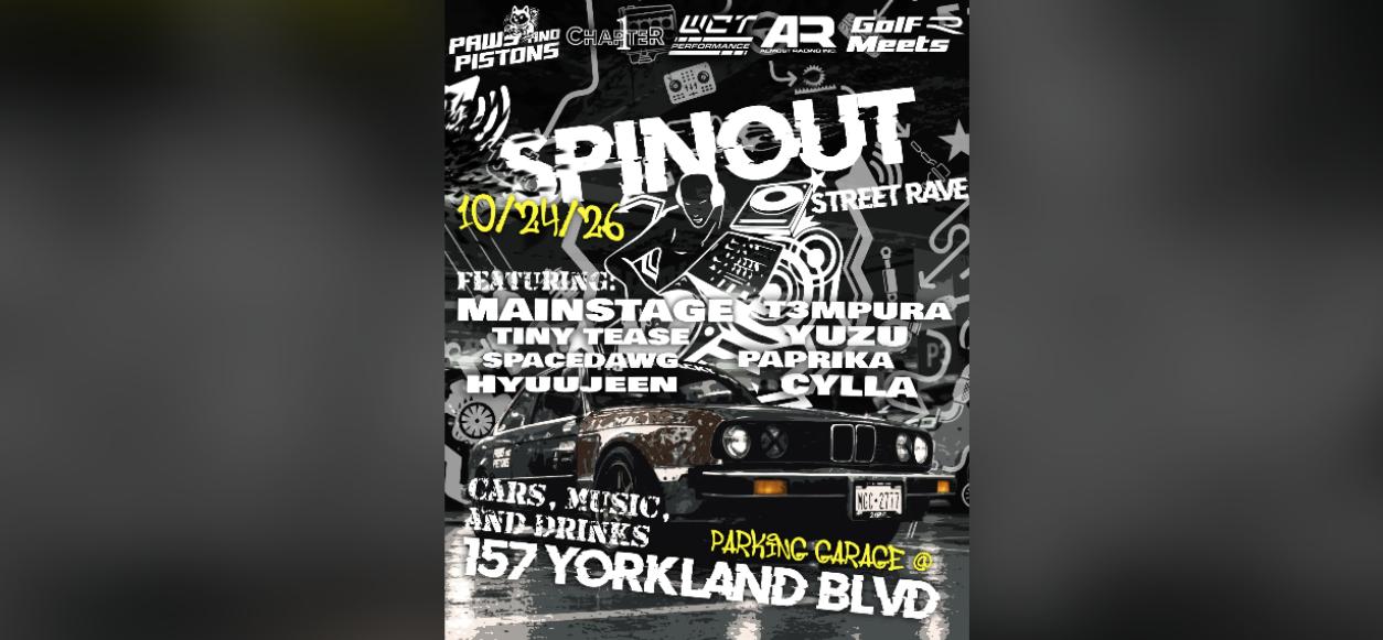 SPINOUT - Parking Structure Car Show & Rave flyer