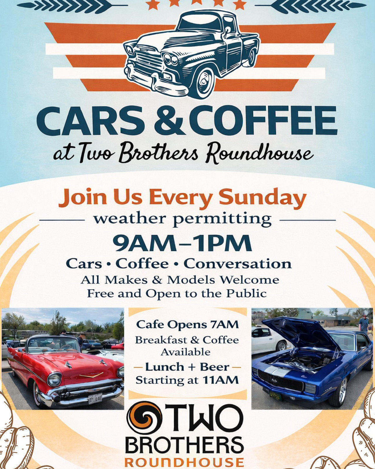 Cars & Coffee at Two Brothers Roundhouse flyer