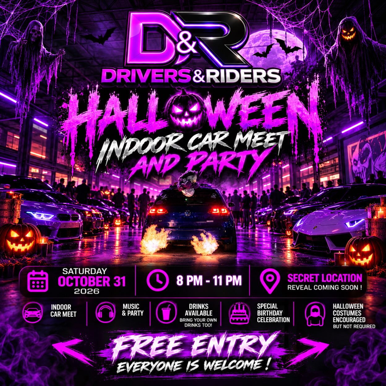 Drivers & Riders Halloween Indoor Car Meet and Party flyer