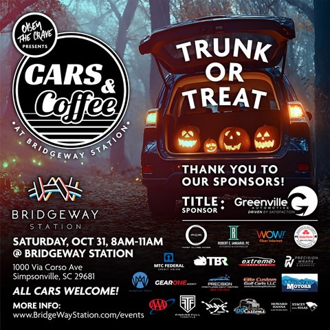 Cars & Coffee Trunk or Treat at BridgeWay Station flyer