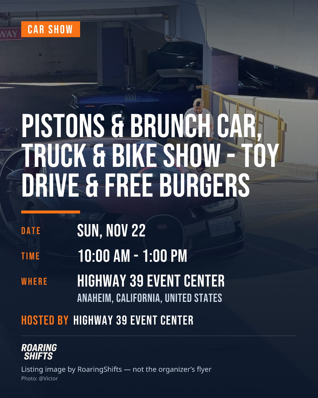 Pistons & Brunch Car, Truck & Bike Show - Toy Drive & Free Burgers flyer