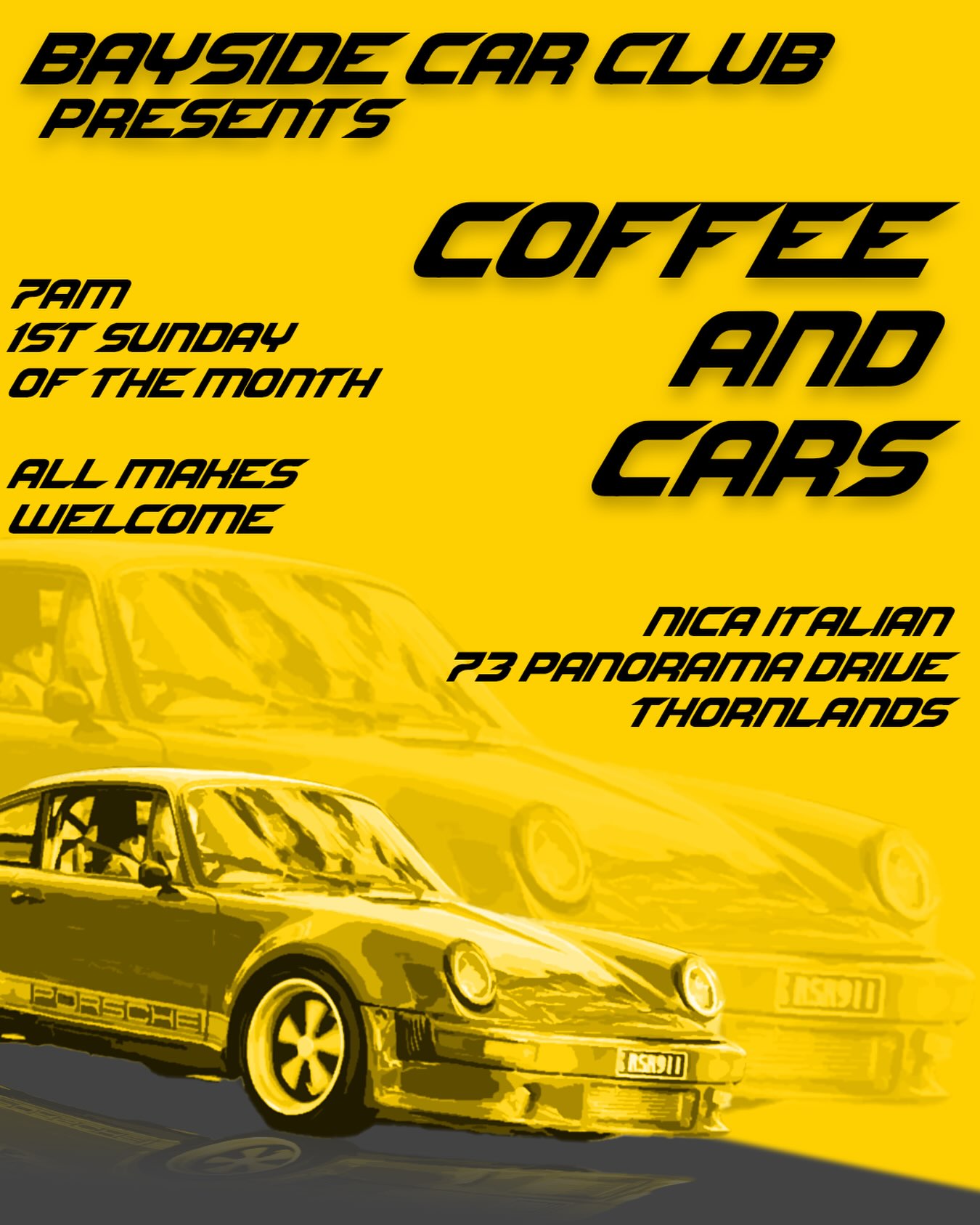 Bayside Car Club Coffee and Cars flyer