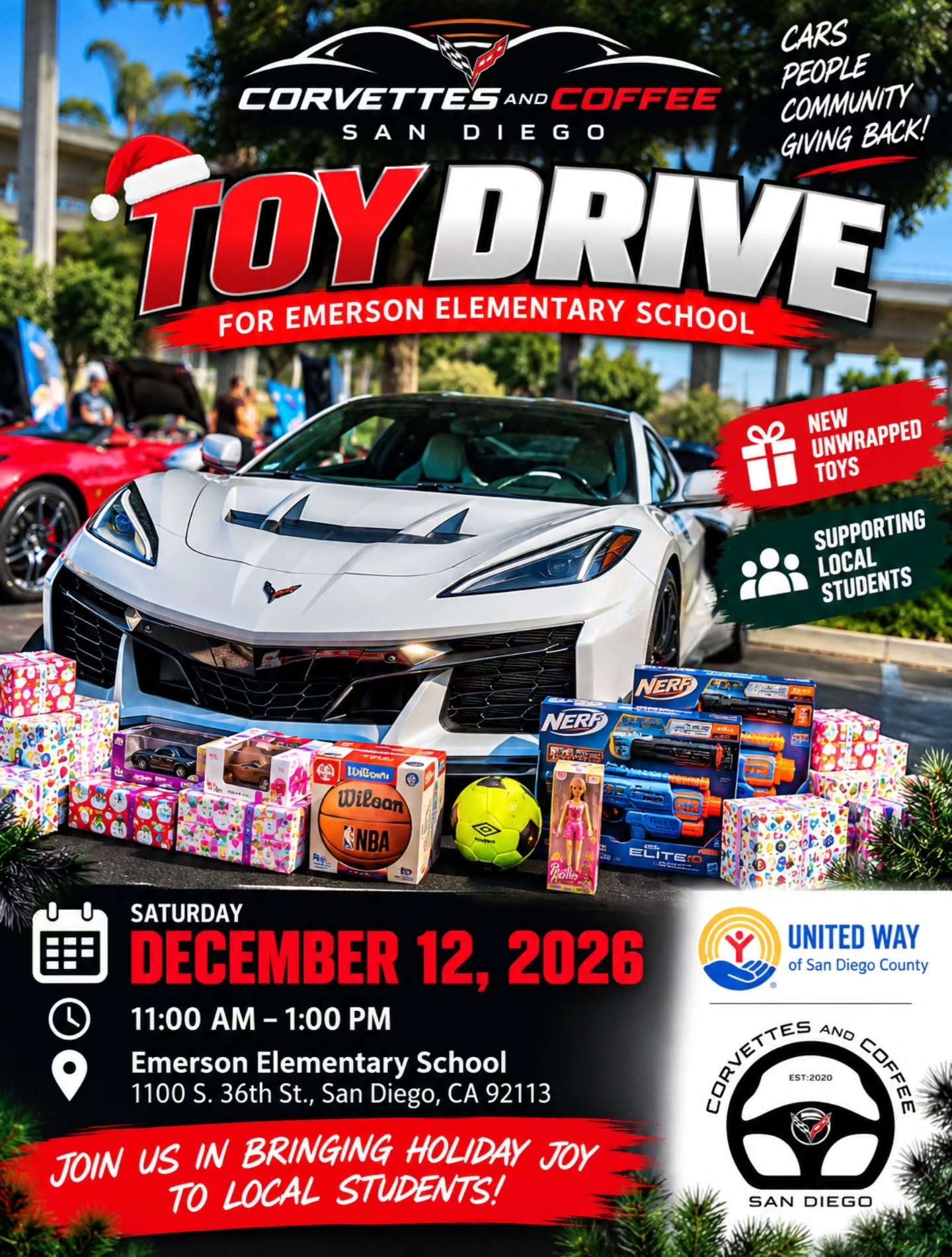 Corvettes & Coffee San Diego Toy Drive for Emerson Elementary School flyer